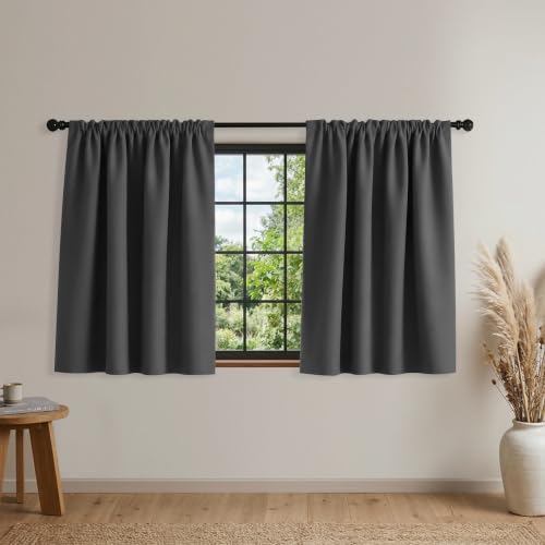 Mrs.Naturall Small Window Curtains for Bathroom Basement,Blackout Mini Half Kitchen Curtains 24 Inch Length,Dark Grey