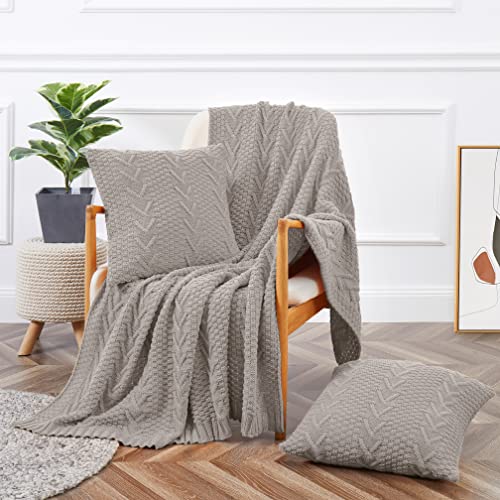 "Aormenzy Knitted Throw Blanket (50"" x 60"") and 2 Pillow Covers (18"" x 18""), 3 Piece Light Grey Throw Blanket Set, Decorative Throw Blankets for Couch Sofa Bed Living Room"