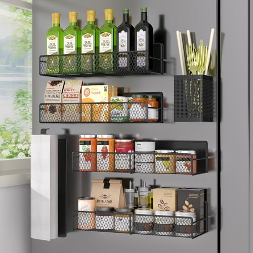 DTUQYX Magnetic Spice Rack, Refrigerator Organizer, 6 Pack Metal Black Magnetic Shelf with Paper Towel Holder, Utensils Holder, Strong Magnets, Space Saving