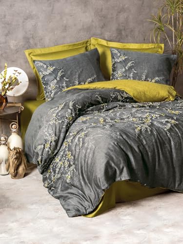 Nuit Des Rêves Luxurious Satin Double Quilt Cover Set (200 x 200 cm), Green & Anthracite, 100% Cotton, Reactive Print, 2 Pillowcases, Machine Washable, Elegant Design