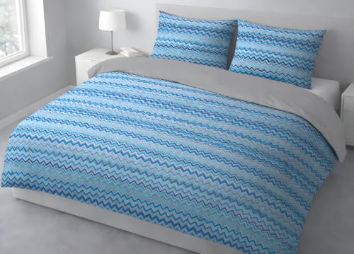 BIANCHERIAWEB 100% Cotton Double Duvet Cover, Bay Pattern, Light Blue, Duvet Cover 200 x 200 cm and 1 Pillowcase with Side Buttons 50 x 80 cm