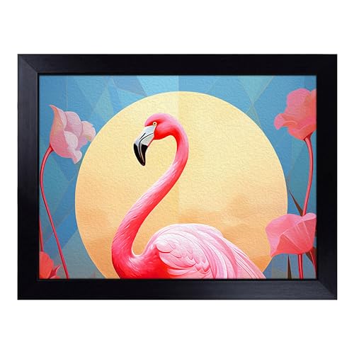 Lap Tray with Bean Bag Cushion, Flamingo Art Deco Art - Handmade in the UK, Raised Wooden Edge, Padded Cushion, Heat-Resistant Wipe-Clean Surface, for Meals, Laptops and Crafts