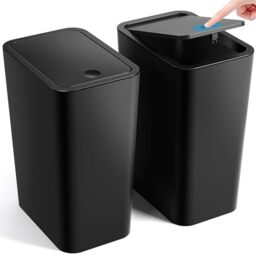 ITCPRL Bathroom Trash Can with Lid, 2 Pack 4 Gallons/15 Litres Garbage Can with Pop-Up Lid, Small Plastic Trash Can, Slim Trash Bin Waste Basket for Bathroom, Bedroom, Office, Living Room (Black)