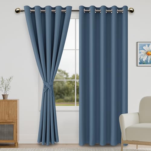 DWCN Blackout Curtains for Bedroom with Tiebacks - Room Darkening Privacy Grommet Top Window Curtains for Living Room, 60 x 84 inch Length, Airy Blue, Set of 2 Panels