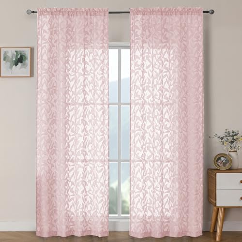 OWENIE Leyna Blush Pink Sheer Curtains 90 Inches Long for Bedroom 2 Panels Set, Light Filtering Jacquard Clip Textured Long Semi Living Room Curtains, Airy Leaves Rod Pocket Drapery, 40Wx90L Inch