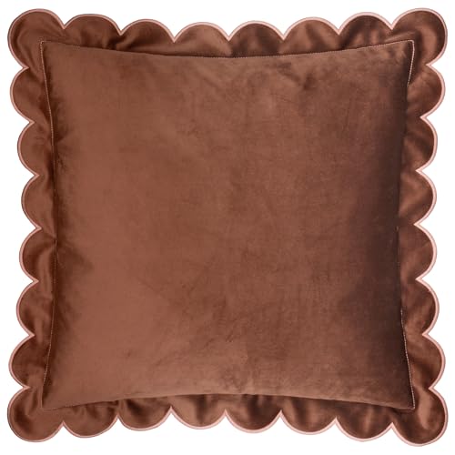 furn. Lil Scallop Feather Filled Cushion – Colourful Velvet Piped Scalloped Edge Decorative Pillow (Chestnut/Slipper – 45x45cm)