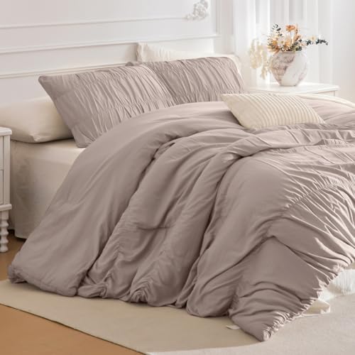Lady Ann 128x120 Bed Comforter Set Camel Ruched Oversized King Boho Bedding Comforter Set for Bedroom Ultra Soft & Luxurious 3 Piece Fluffy Bed Sets