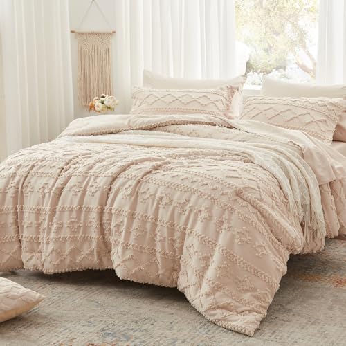 Anluoer Queen Comforter Set 7 Pieces, Beige Tufted Bed in a Bag with comforters and Sheets, All Season Bedding Sets with 1 Comforter, 2 PillowShams, 2 Pillowcases, 1 Flat Sheet, 1 Fitted Sheet