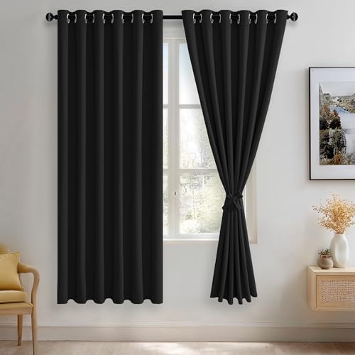 JIUZHEN Black Blackout Curtains with Tiebacks - Thermal Insulated, Light Blocking and Noise Reducing Grommet Curtains for Bedroom and Living Room, Set of 2 Window Curtain Panels, 70 x 72 Inch Length