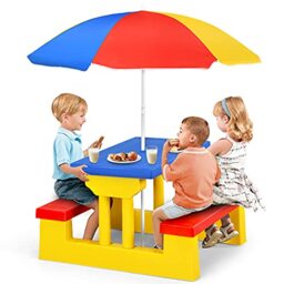 GYMAX Kids Picnic Table, Garden Toddler Bench Set (Yellow + Red + Blue) - Detachable Umbrella, Indoor Outdoor Children Activities Play Table for Boys Girls
