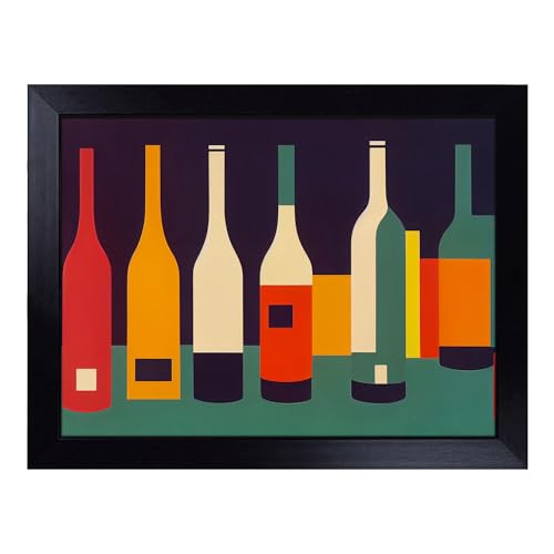 Lap Tray with Bean Bag Cushion, Retro Wine Bottle Art - Handmade in the UK, Raised Wooden Edge, Padded Cushion, Heat-Resistant Wipe-Clean Surface, for Meals, Laptops and Crafts