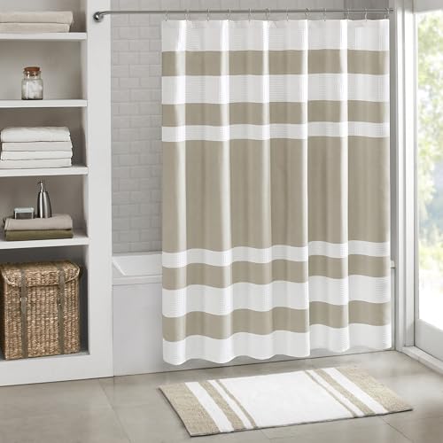 "Madison Park Shower Curtain Waffle Weave Striped Pieced Design Fabric Shower Curtain for Bathroom with 3M Scotchgard Moisture Management Premium Spa Quality Modern Standard 72""x72"" Taupe"