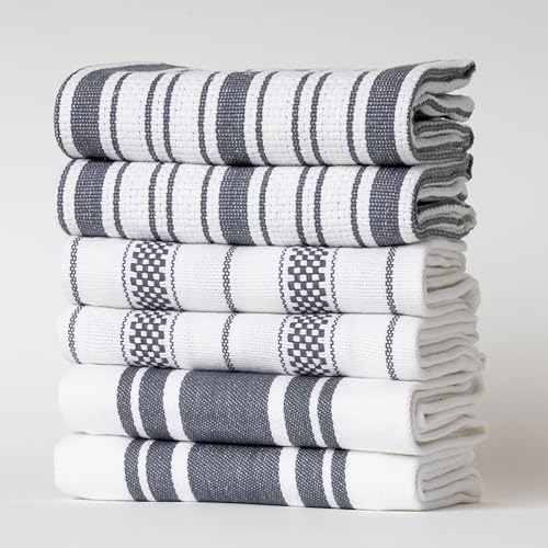 Casa De Lan Kitchen Towels Set ??? Pack of 6 (20?????? x 30??????) Extra Large Premium Cotton Dish Towels for Kitchen ??? Absorbent ??? 100% Cotton ??? with Hanging Loop ??? Dark Grey Multi Design Striped