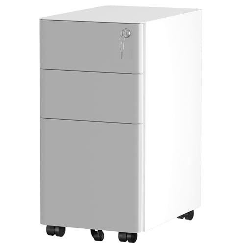 YITAHOME 3-Drawers Filing Cabinet Lockable, Home Office Mobile File Cabinets with Wheel, Under Desk File Office Cabinet for Letter/Legal/A4, Fully Assembled, White + Grey, 30 x 45 x 61cm
