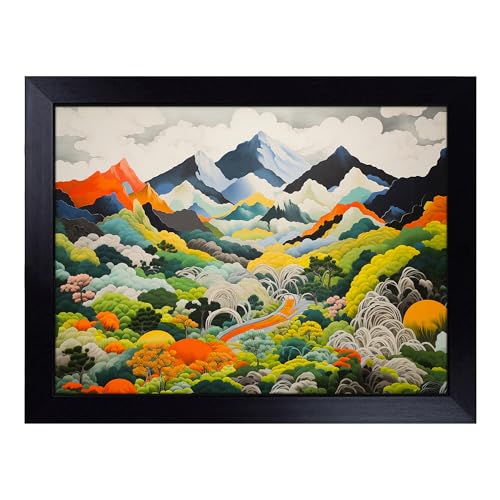 Lap Tray with Bean Bag Cushion, Japanese Mountains Orphism - Handmade in the UK, Raised Wooden Edge, Padded Cushion, Heat-Resistant Wipe-Clean Surface, for Meals, Laptops and Crafts