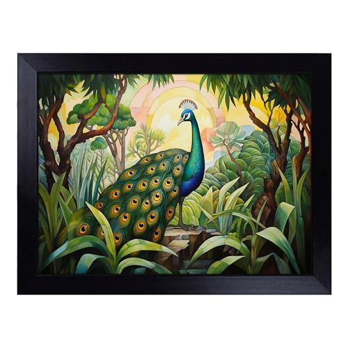 Lap Tray with Bean Bag Cushion, Peacock Art Deco - Handmade in the UK, Raised Wooden Edge, Padded Cushion, Heat-Resistant Wipe-Clean Surface, for Meals, Laptops and Crafts
