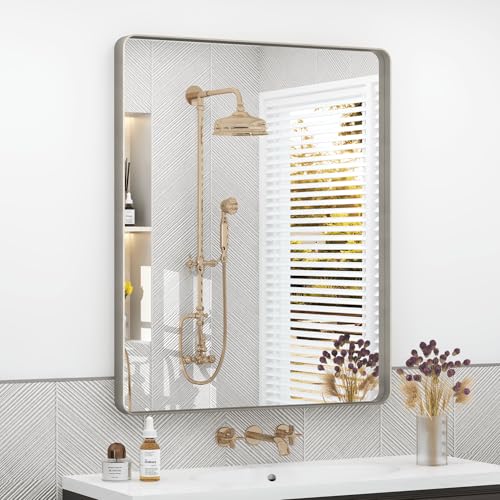 VANLIO Silver Brushed Bathroom Mirror, 24x32 Silver Metal Framed Mirror for Vanity, Rounded Rectangle Modern Wall Mirror, Anti-Rust, Shatterproof(Horizontally/Vertically)