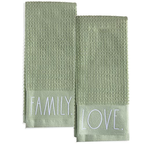 Rae Dunn Set of Hand Towels for Kitchen and Bathroom, 100% Cotton, Embroidered Dish Towels, Decorative Hand Towels, Sage- Love/Family, 2 Pack