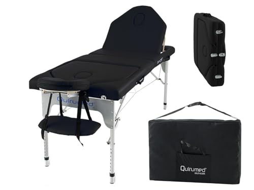 Quirumed Aluminium Folding Table, with Double Folding Backrest, Aluminium, Leatherette, Black, 186 x 66 cm, Portable, Removable Headrest, Face hole, Adjustable Height, Up to 150 kg