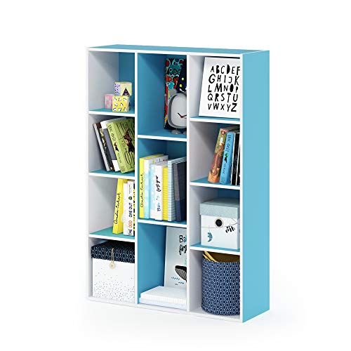 Furinno LUDER Book Shelf, 11-Cube Bookshelf, Reversible Bookcase, 9.4 x 29.1 x 41.7, for Living Room, Bedroom, Home Office, White/Light Blue