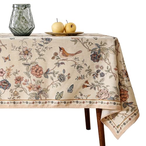 "ISAENNE Designer French Linen Rectangular Tablecloth,118""x67""-Cornucopia - Elegant Extra Long Linen Table Cloth for Rectangle Table Floral and Bird for Dining Kitchen Thanksgiving-Cornucopia"