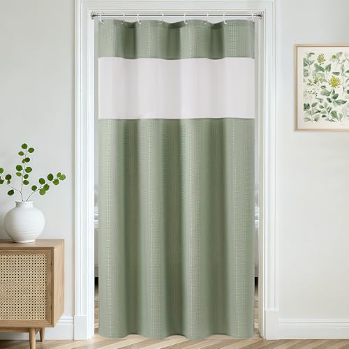 UFRIDAY Shower Stall Curtain 48x72 inch Sage Green Waffle Weave,Water-Resistant Polyester Shower Curtain with Mesh Top Window, Small Bathroom Curtain for Rv Camper Trailer