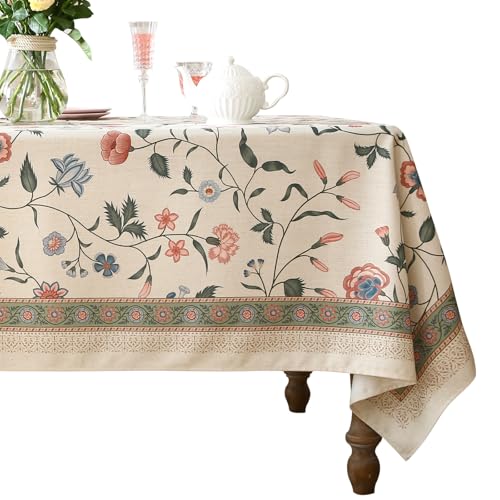"ISAENNE Designer Chinoiserie Linen Floral Extra Long Tablecloth Rectangle,White Wrinkle Resistant Table Cloth,Elegant Decor Tablecloths for Dining Thanksgiving Kitchen Party,67""*118""-Daffy"