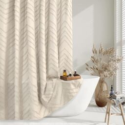 TURKIO Beige Boho Shower Curtain 72 x 72 Modern Farmhouse Shower Curtain Bohemian Chic Tufted Chevron Textured Striped Minimalist Shower Curtain Woven Fabric Cute Beige/Cream Shower Curtain
