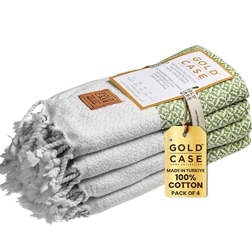 Gold CASE Turkish Hand Towels for Bathroom Set of 4 ??? 20 x 40'' ??? 100% Cotton Bathroom Towels ??? Aphrodite Kitchen Small Towel for Spa, Face, Tea & Dishcloth ??? Decorative Patterned Weave ??? Pistachio