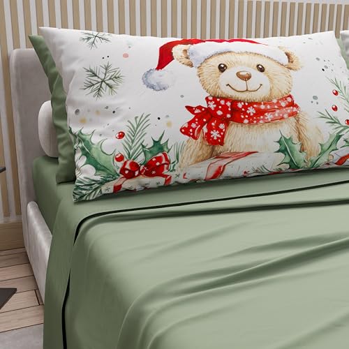 PETTI Italian Artisans - Cotton Sheets with Christmas Digital Print Pillowcases, Christmas Queen Size Sheets, Christmas Bed Set, Xmas 16 Green, 100% Made in Italy