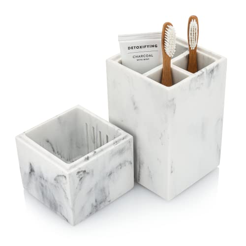 Essentra Home Toothbrush Holder with Lid, Elegant White Marble Bathroom Toothbrush & Toothpaste Organizer ??? Blanc Collection