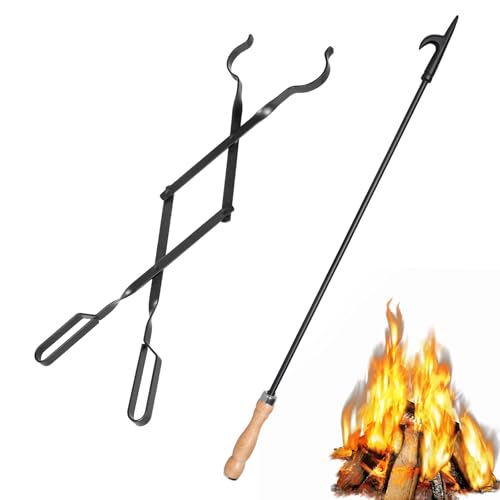 "26"" Fireplace Fire Pit Tongs & 32"" Fire Pit Poker, Fireplace Wood Stove Firewood Tongs, Black Heavy Duty Wrought Iron Log Grabber Fire Pit Tools for Campfire, Fireplace, Bonfires, Indoor&Outdoor Use"
