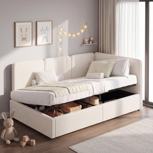 Ball & Cast 3FT Single Ottoman Daybed with Storage, 90 x 190 cm Upholstered Daybed, Reversible Left or Right Chaise Design, Hydraulic Lift Storage Bed Frame, Bouclé, Beige
