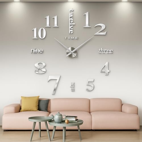 CoZroom Large Silver 3D Frameless Wall Clock Stickers DIY Wall Decoration for Living Room Bedroom