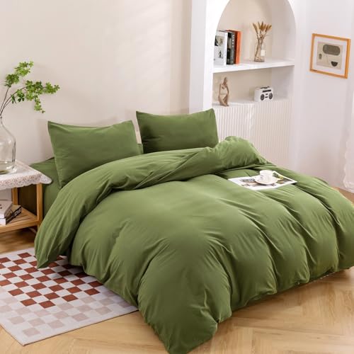 DONEUS Duvet Cover Set 100% Washed Cotton Linen Like Super Soft Breathable Comfy 3 Pieces Bedding Sets Solid Olive Green King