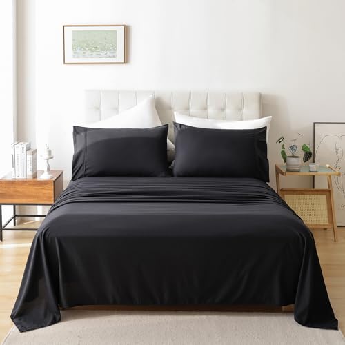King Size Sheet Set, 4 Piece Soft Bed Sheets, Deep Pockets - Breathable and Cooling Microfiber, Wrinkle Free, Hotel Luxury Bed Sheet for Women & Men, Oeko-Tex, Black