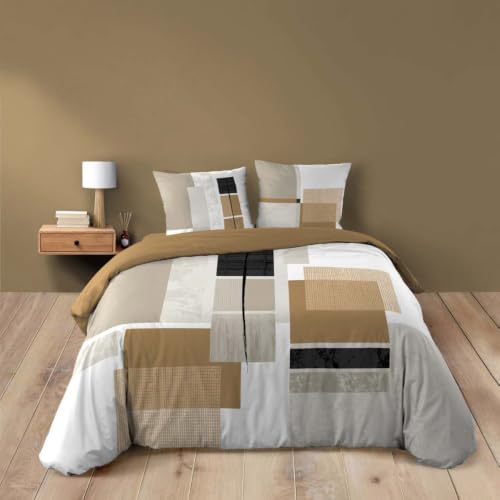 douceur d'int??rieur, Duvet Cover Set, 100% Cotton, 260 x 240 cm, Quadro, Honey, Printed Pattern, 3 Pieces, Press Stud Finish, Soft, Light, Comfortable, Easy Care
