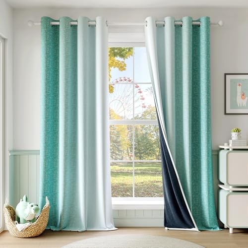 Geomoroccan Ombre 100% Blackout Curtains Bedroom Teal White 52x96 2 Panels - Gradient Patterned Room Darkening Drapes for Kids Nursery Living Room 96 Inch Long Thermal Insulated Soundproof Grommet