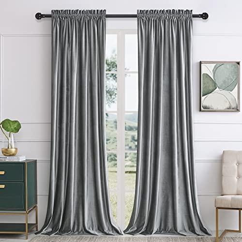 Gray Velvet Curtains 96 inches for Living Room Luxury Room Darkening Curtain Dark Grey Elegant Bedroom Thermal Insulated Modern Heavy Thick Soft Soundproof Rod Pocket Window Drapes Set of 2 Panels