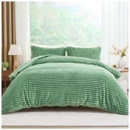 GC GAVENO CAVAILIA Ribbed Fleece Bedding Sets King Size 220x230 Cm - Super Soft Polyester King Size Duvet Cover Sets With Pillow Cases - Thermal Warm Cozy Fluffy Winter Quilt Cover Bed Set, Green