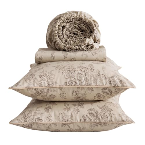 Puralens Vintage Beige Floral Percale Bed Sheets Full Size Deep Pocket 4Pcs - 100% Cotton Shabby Chic Toile Sheet Set, Neutral Pattern Farmhouse Sheets, Luxury Designer Bedding, Brown Flower, Soft Crisp