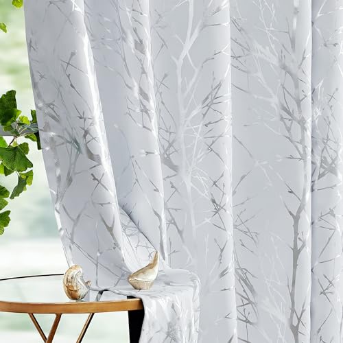 "Fmfunctex Branch White Blackout Curtains 96"" Foil Silver Tree Curtains for Living Room Bedroom Room Darkening Thermal Insulated Window Drapes for Home Office Grommet Top 2 Panels"
