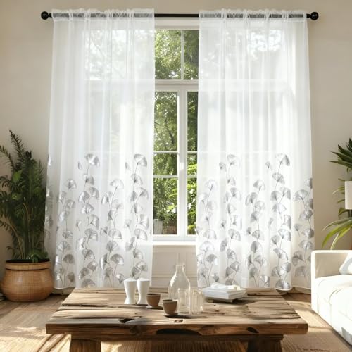 "youleyar Silver Foil Print Sheer Curtains, 2 Panels Ginkgo Bronzing Treatment Sheer Curtain, Rod Pocket Drapes for Bedroom and Home Decor, 52"" W x 84"" L"