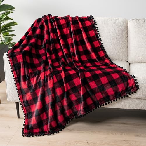 PAVILIA Pom Pom Blanket Throw, Buffalo Plaid Red Black Check - Soft Fleece Pompom Fringe Blanket for Couch Bed Sofa - Decorative Cozy Plush Warm Flannel Velvet Tassel Throw Blanket,50x60