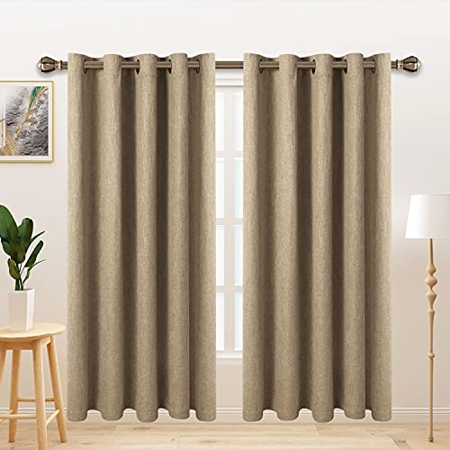 LORDTEX Linen Look Textured Blackout Curtains with Thermal Insulated Liner - Heavy Thick Grommet Window Drapes for Bedroom, 70 x 108, Tan, Set of 2 Panels