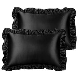 PiccoCasa Ruffled Satin Pillow Shams Cases 2 Pack, Black 50cm x 75cm