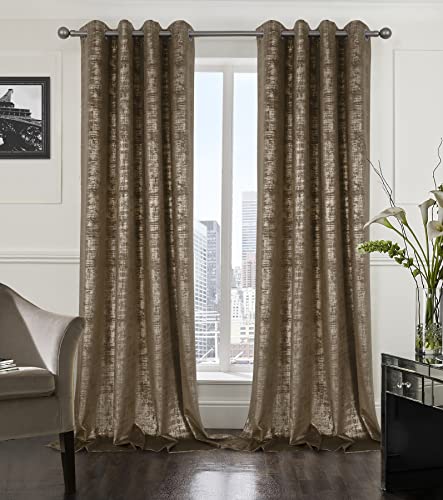 always4u 100% Blackout Soft Velvet Curtains for Bedroom Living Room Thermal Energy Saving 120 Inches Long Luxury Gold Foil Print Drapes 2 Panels Mocha