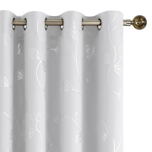BUHUA Wave Silver Leaf Print Blackout Curtains Window Treatments for Living Room Darkening Curtains Light Blocking Curtains for Bedroom 38W??84L Greyish White 2 Panels