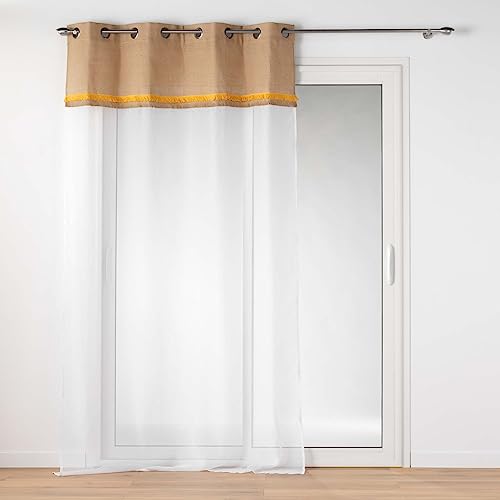 Douceur d'Intérieur, Malory Net Curtain with Eyelets (140 x 240 cm) Yellow, Sandblasted Voile with Jute Top and Fringes