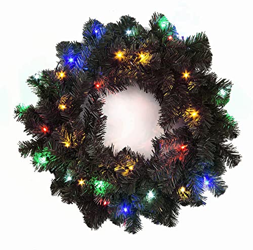 SHATCHI 55cm Pre-Lit Black Christmas Wreath Alaskan Pine for Fireplaces Home Wall Door Stair Artificial Xmas Tree Garden Yard Decorations with 30 Multicolour LEDs,Wreath (55cm),SHATCHI